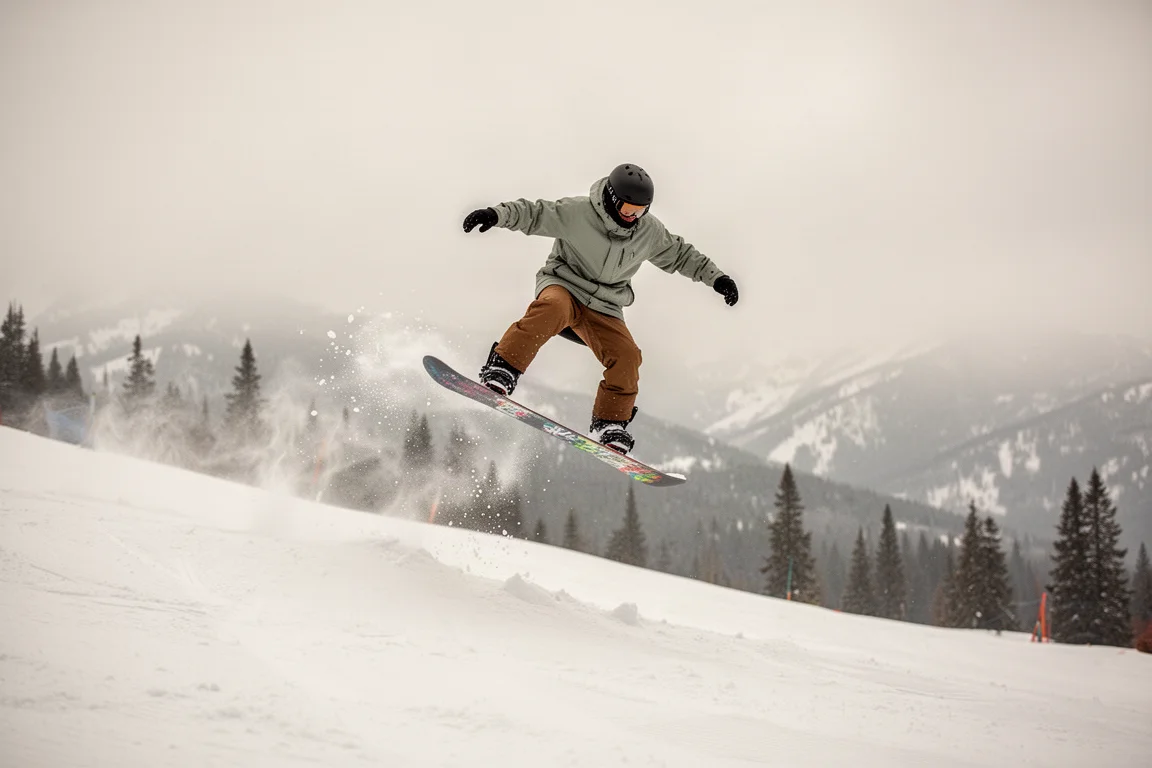 Snowboarder pressing the board nose while riding through soft snow