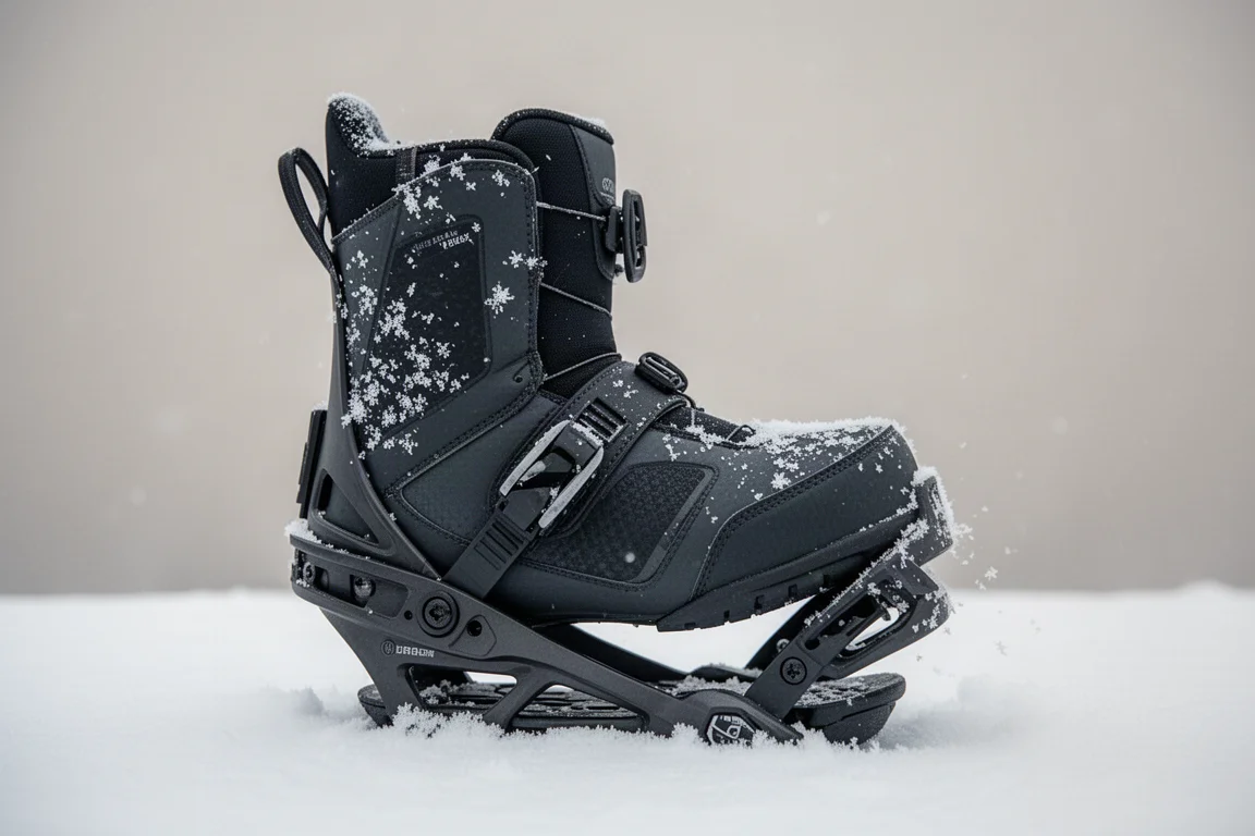 Close-up of a snowboard boot and binding flexing laterally on snow