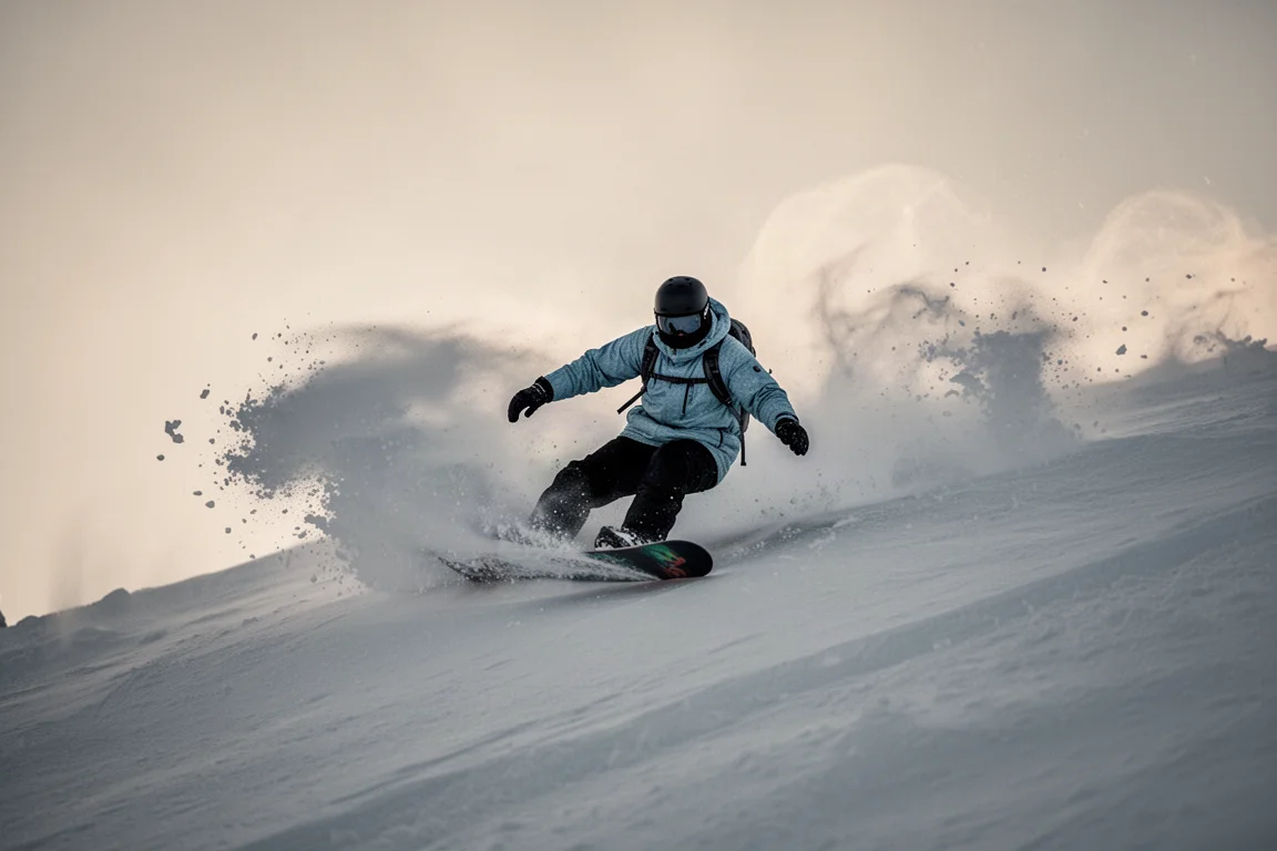 Rider slashing a deep turn through soft snow on a steep run