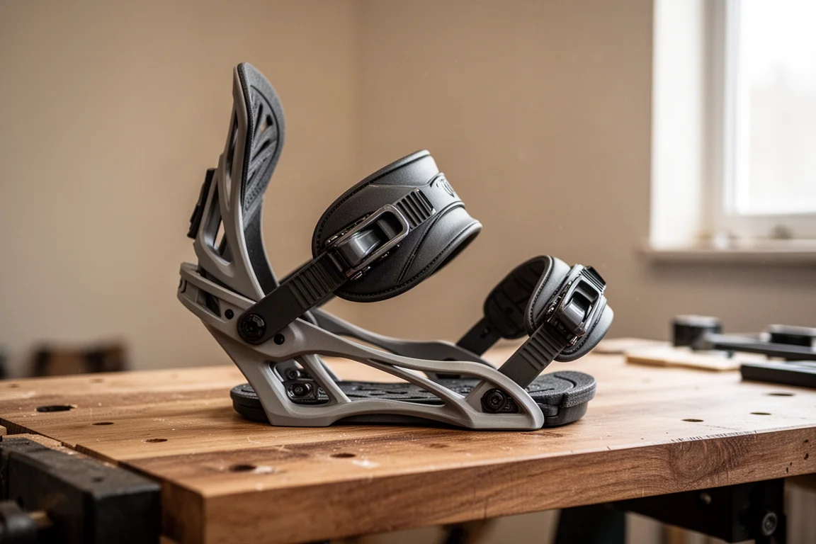 Asymmetrical binding base frame resting on a wooden workbench