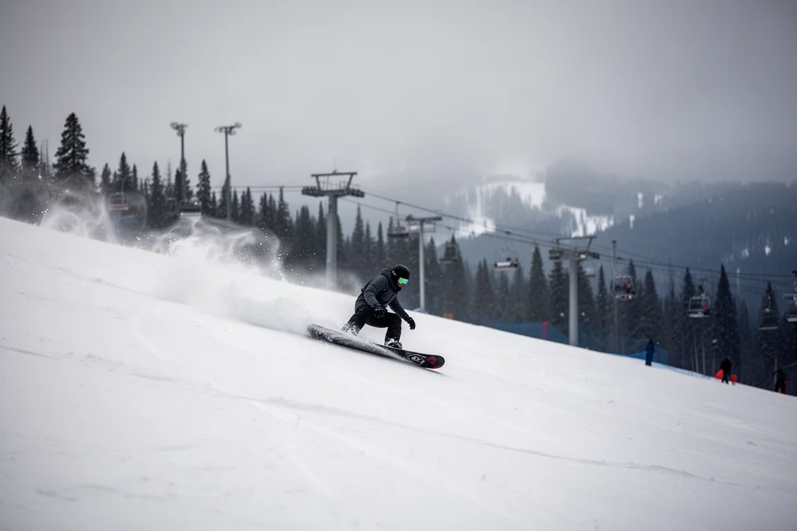 Snowboardista de freeride trazando curvas en una pista dura y empinada bajo un cielo gris y plano