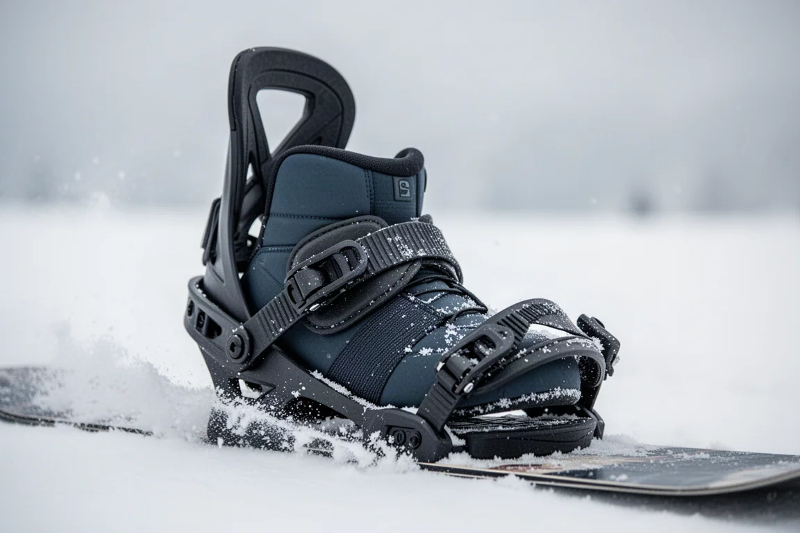 Primer plano del highback rígido y las correas de una fijación de snowboard bajo carga en plena curva