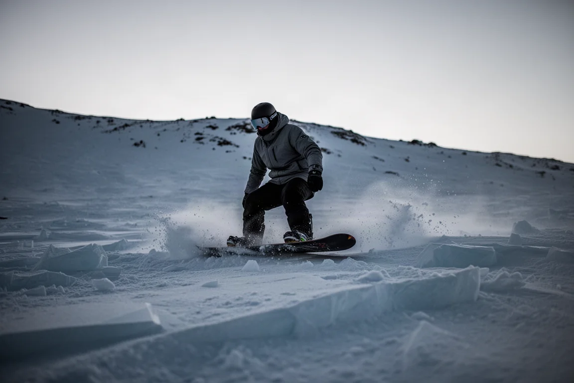 Snowboardista atravesando nieve helada azotada por el viento al anochecer, con cristales de hielo en el aire
