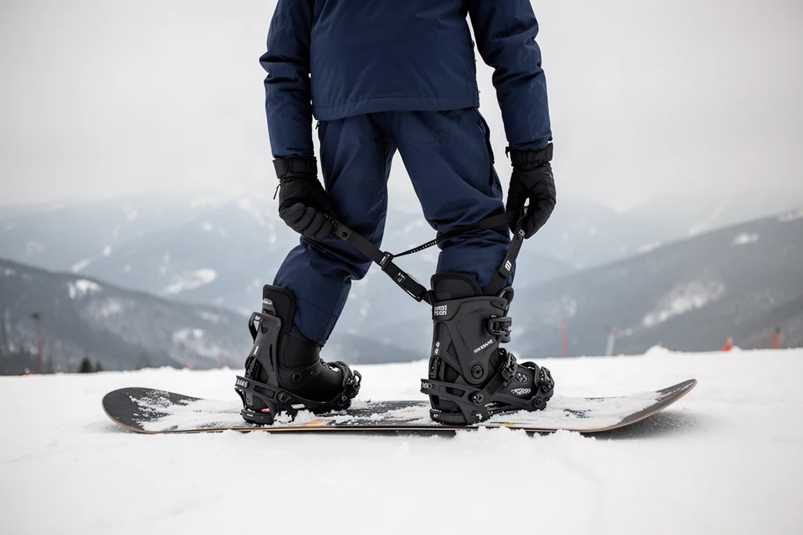 Snowboardista ajustándose la fijación al inicio de una pista en un día nublado