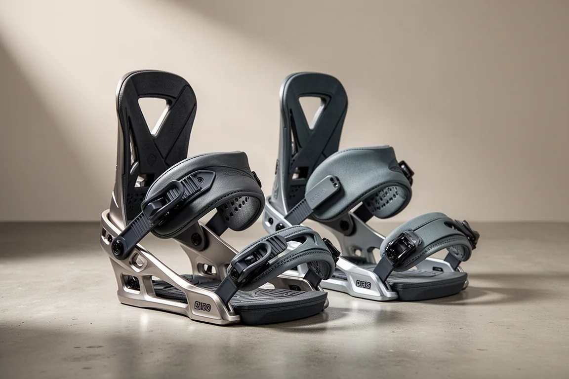 Pair of freeride snowboard bindings with stiff highbacks and aluminium heel cups on concrete