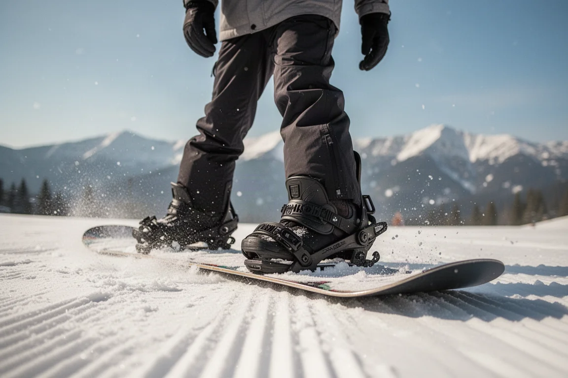 Snowboarder entrando en una fijación step-on en una pista pisada de montaña