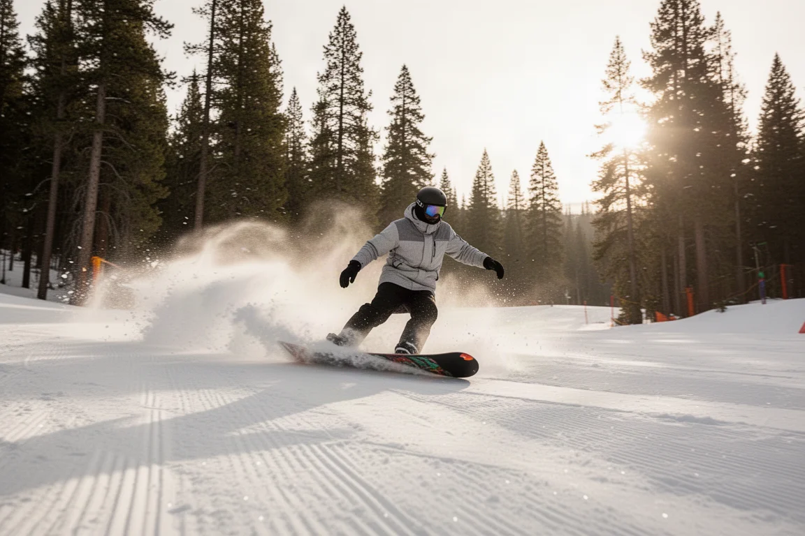 Snowboarder trazando curvas en una pista pisada con nieve primaveral firme