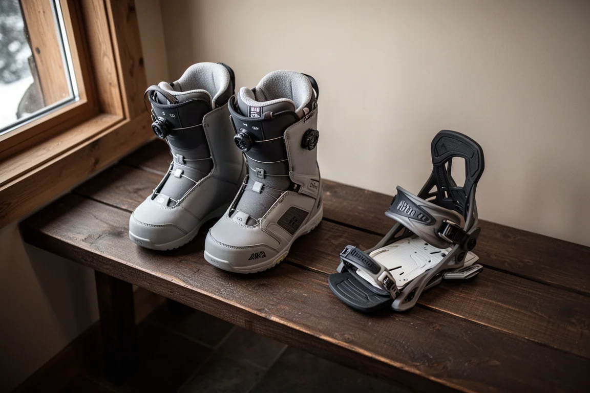 Botas de snowboard y fijación colocadas sobre un banco de madera en un refugio