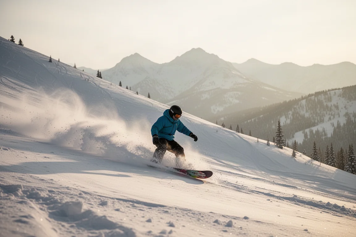 Snowboardzista jadący przez głęboki, puszysty puch słonecznym porankiem w Kolorado