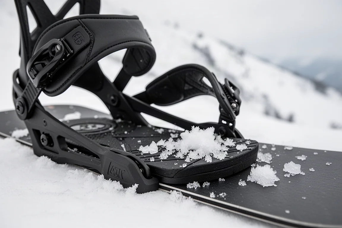 Zbliżenie na podest wiązania snowboardowego bez pasków, wolnego od nagromadzonego śniegu