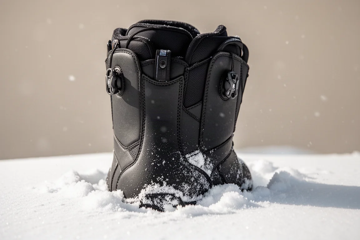 Buty snowboardowe z klipsami do nogawek z tyłu cholewki stojące w śniegu