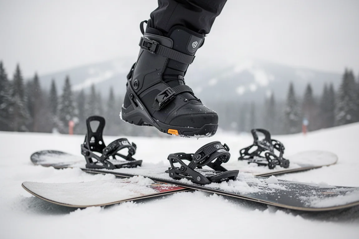 Snowboardeur s'engageant dans une fixation step-on sur une pente enneigée