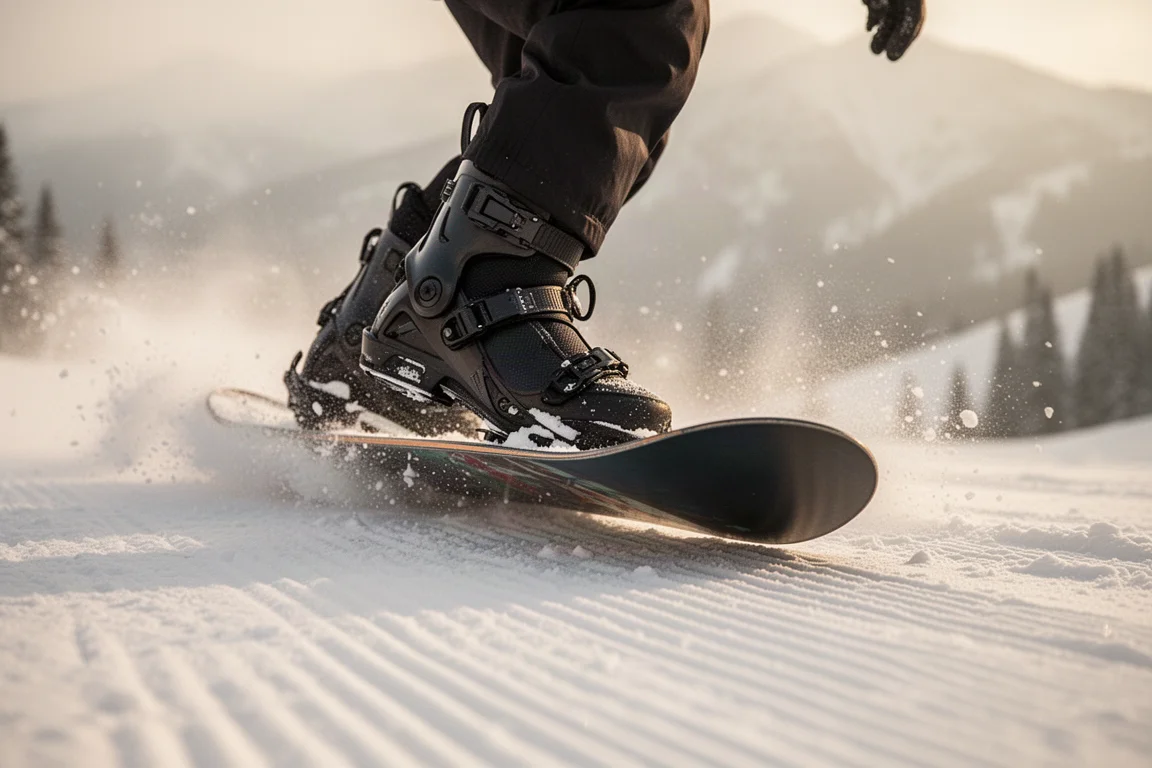 Planche de snowboard fléchissant sous le pied d'un cavalier sur neige durcie