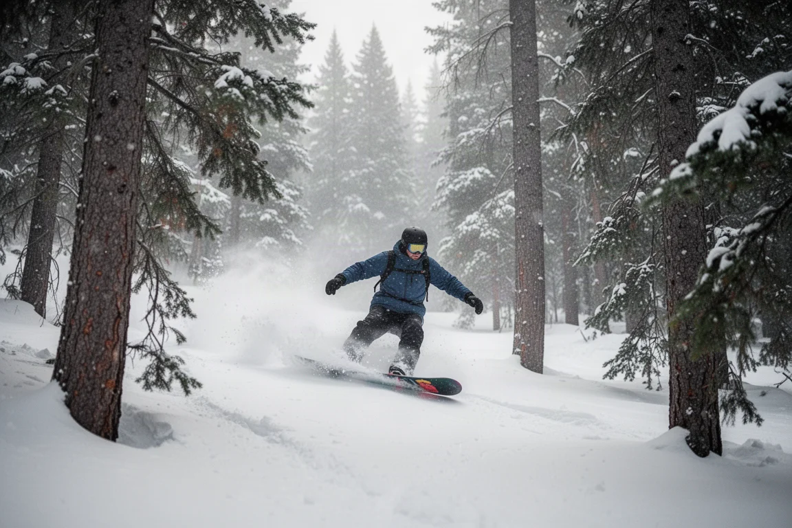 Snowboardeur en croisière dans un sous-bois sur neige fraîche