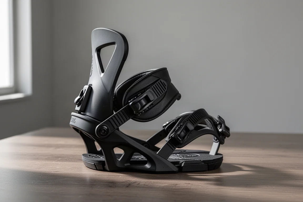 Fixation de snowboard Union Atlas Step On sur une surface en bois brossé