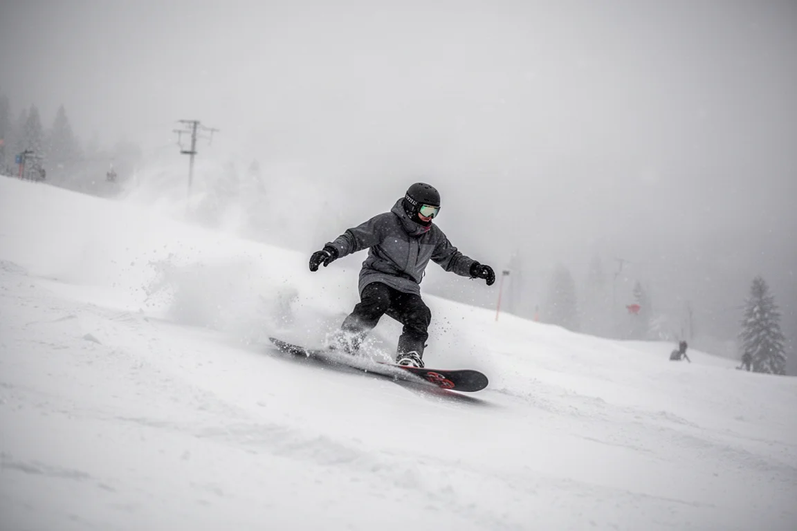 Snowboardeur glissant dans une station par une journée de poudreuse couverte