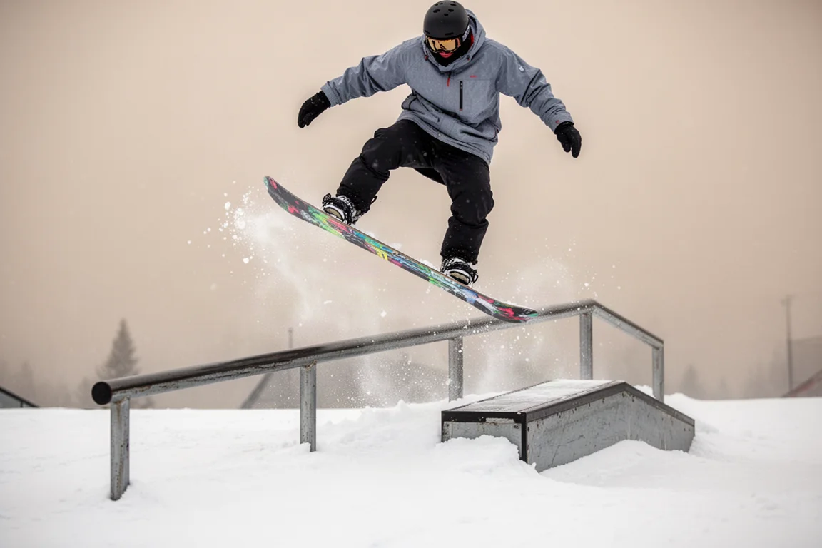 Snowboardeur en press sur un rail de park, avec une position de corps décontractée et surfy