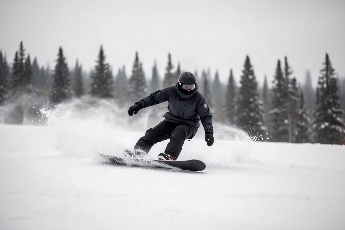 Snowboarder zieht eine harte Kurve auf einer präparierten Piste, während Schnee vom Board spritzt