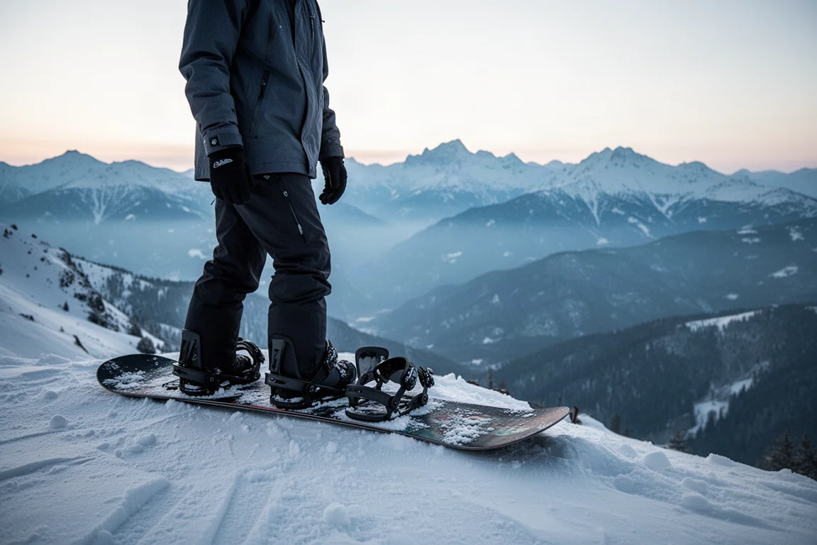 Snowboarder steht bei Morgengrätechen auf einem Alpenkamm, die Bindungen sind sichtbar