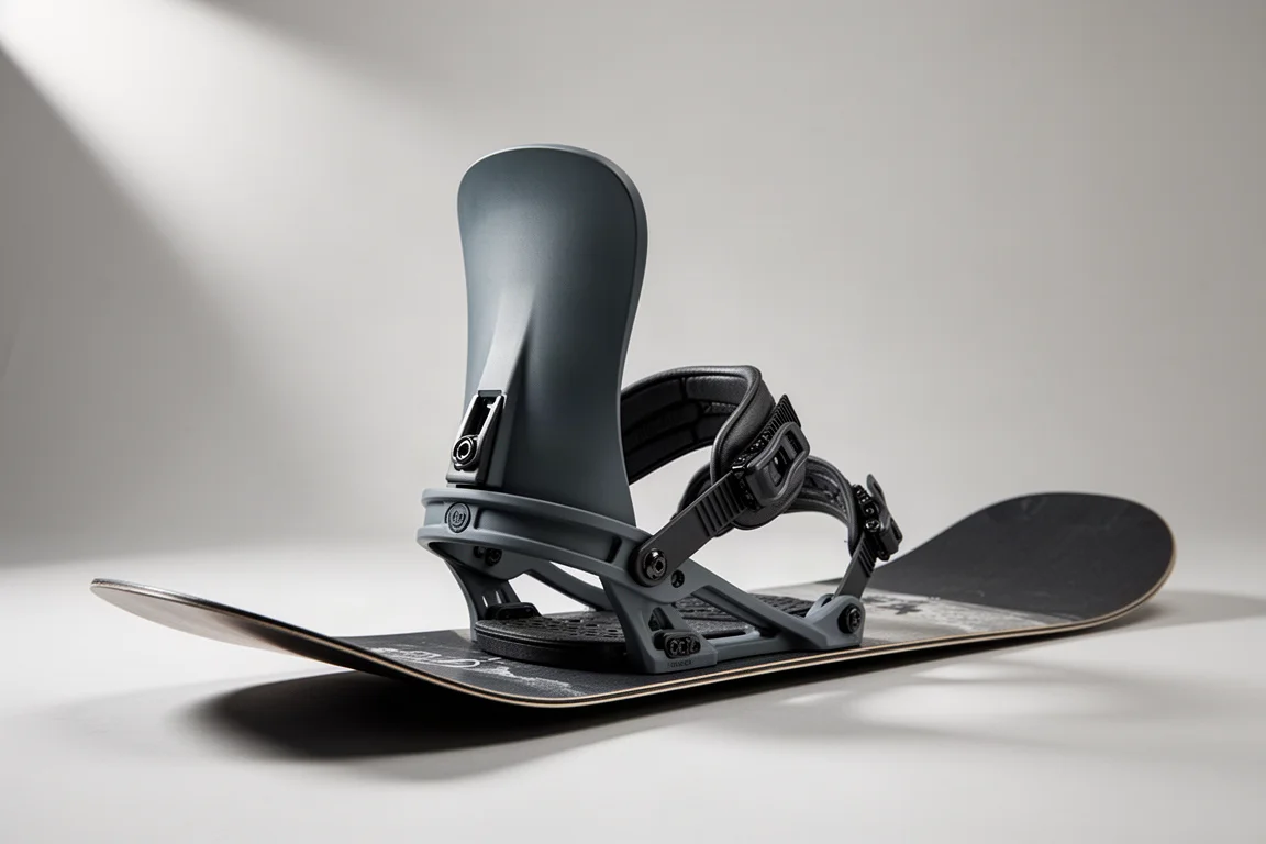 Snowboard binding with a slim matte grey highback mounted on a board against a grey backdrop