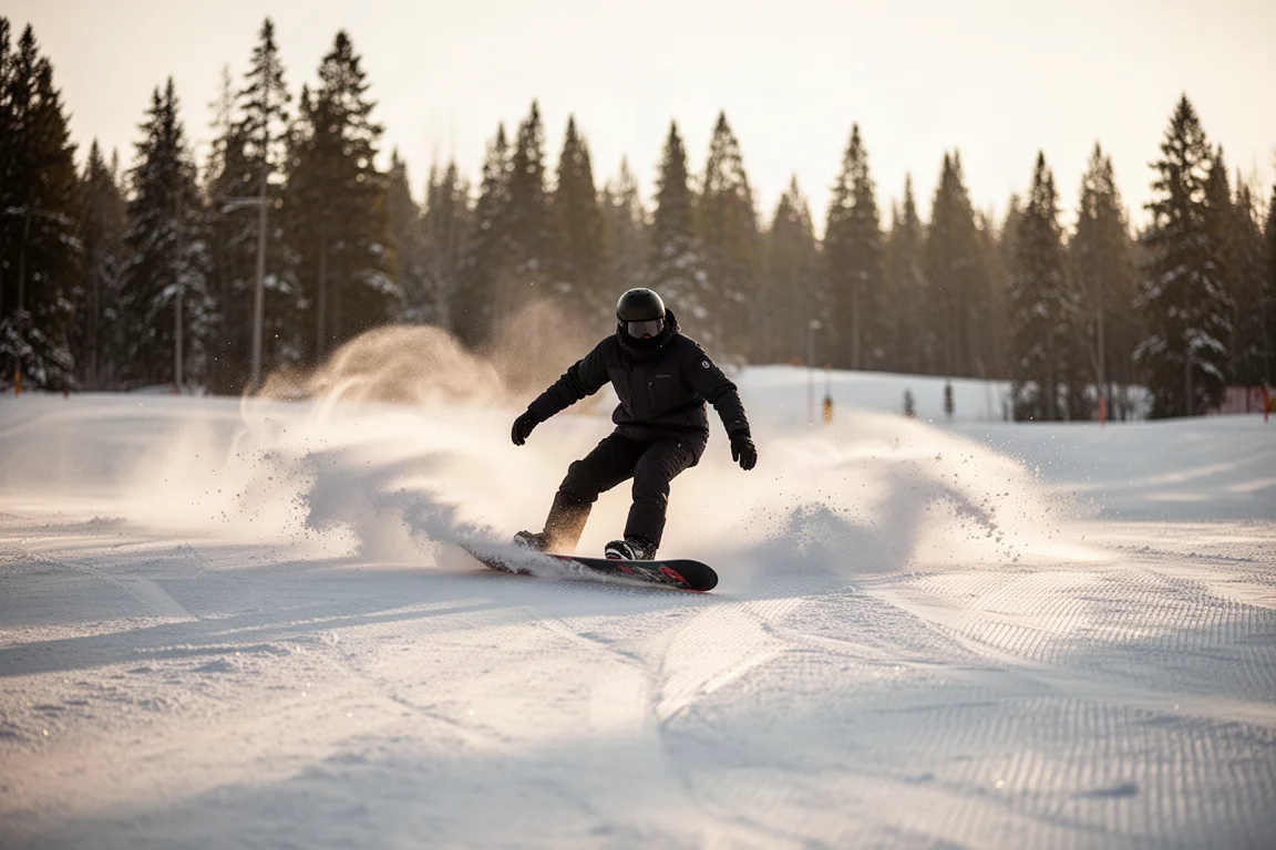 Snowboarder, der in der goldenen Stunde eine präparierte Piste carve-t und Schneefjustice aufwirbelt