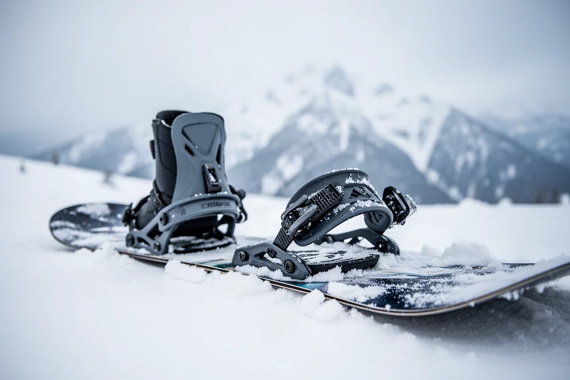 Nahaufnahme eines Snowboard-Bindings mit Boot an einem Pulverschnee-haltigem Hang