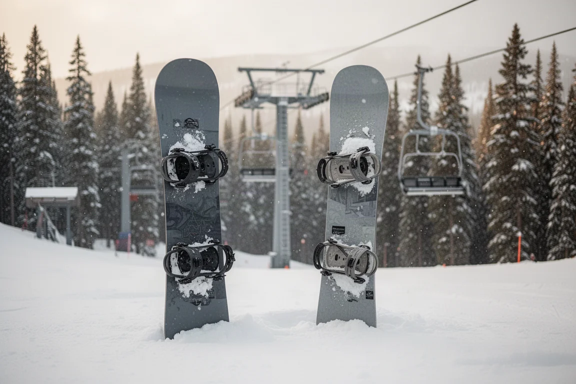 Snowboard im Schnee eines Resorts mit Sessellift und Kiefern