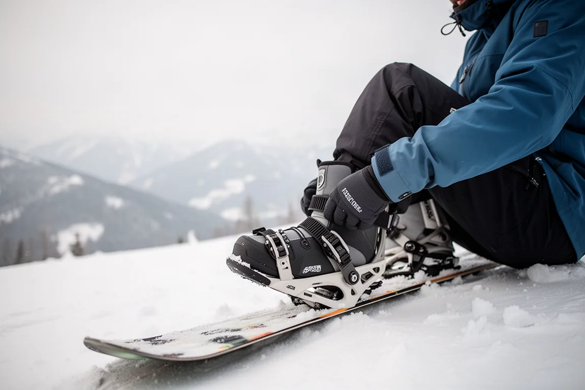 Snowboardzista wpinający się w wiązanie na śnieżnym stoku