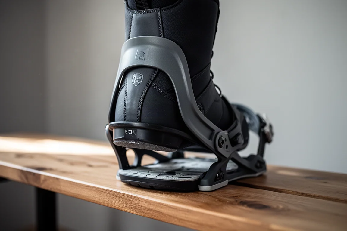 Zgięty but snowboardowy dociskany do paska piętowego wiązania