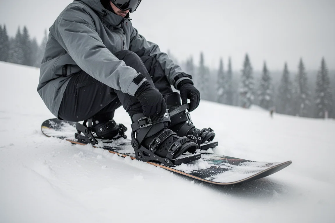 Snowboarder ajustándose las fijaciones en una pista nevada