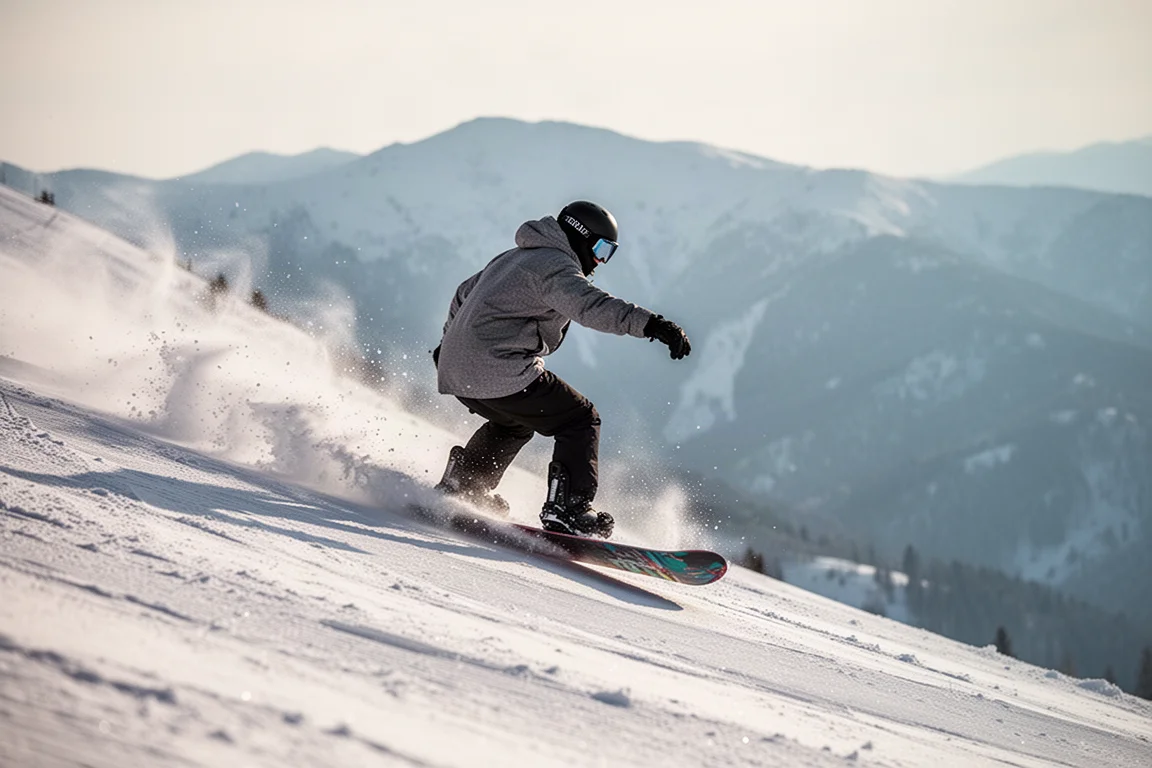 Rider trazando un carve en una pista empinada de snowboard