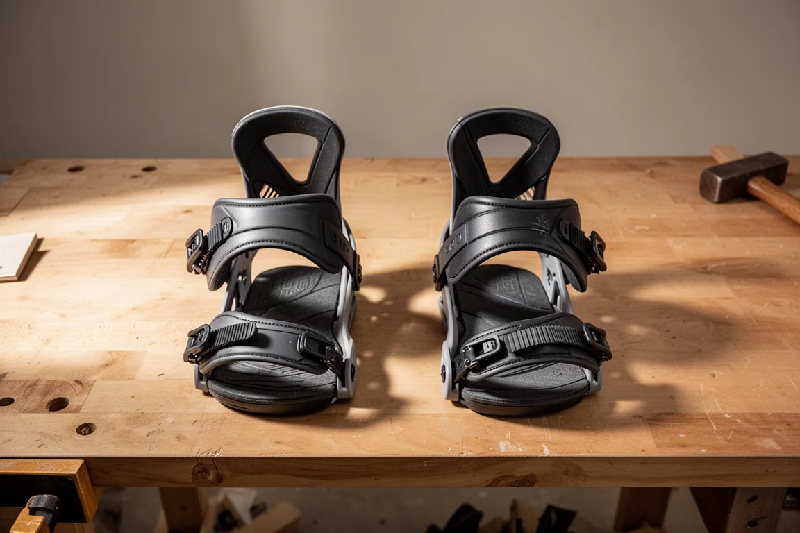 Fijaciones de snowboard extendidas sobre un banco de trabajo de madera