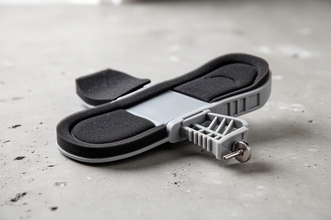 Close-up of a snowboard binding heel strap showing its padded inner layer and rigid center rib