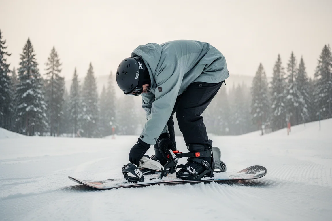 Rider strapping into a snowboard binding on a snowy slope