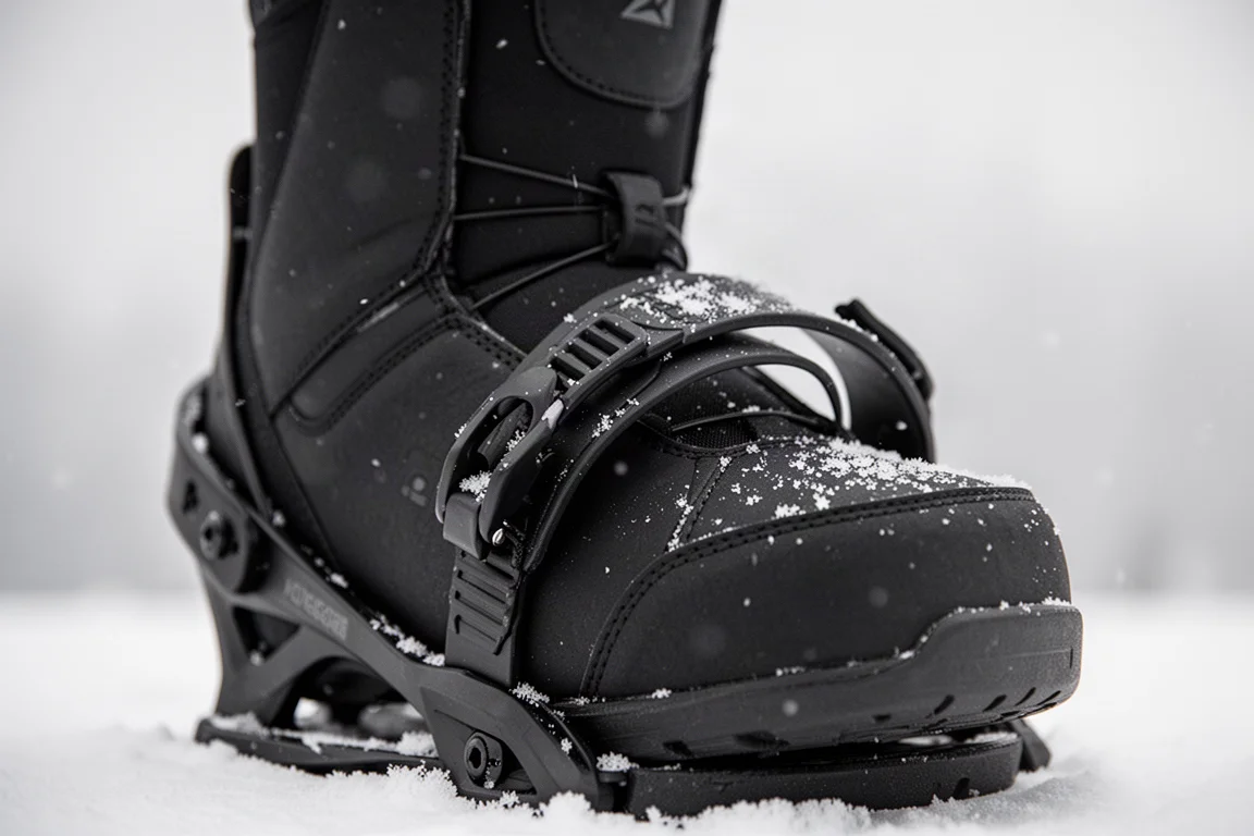Snowboard boot resting in a binding with the heel strap contoured over the instep