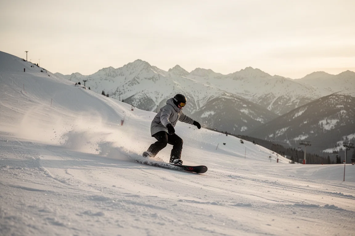 Snowboarder carving through fresh snow on a mountain run