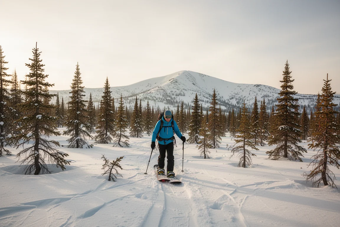 Splitboard-touring door open bos onder een strakblauwe lucht