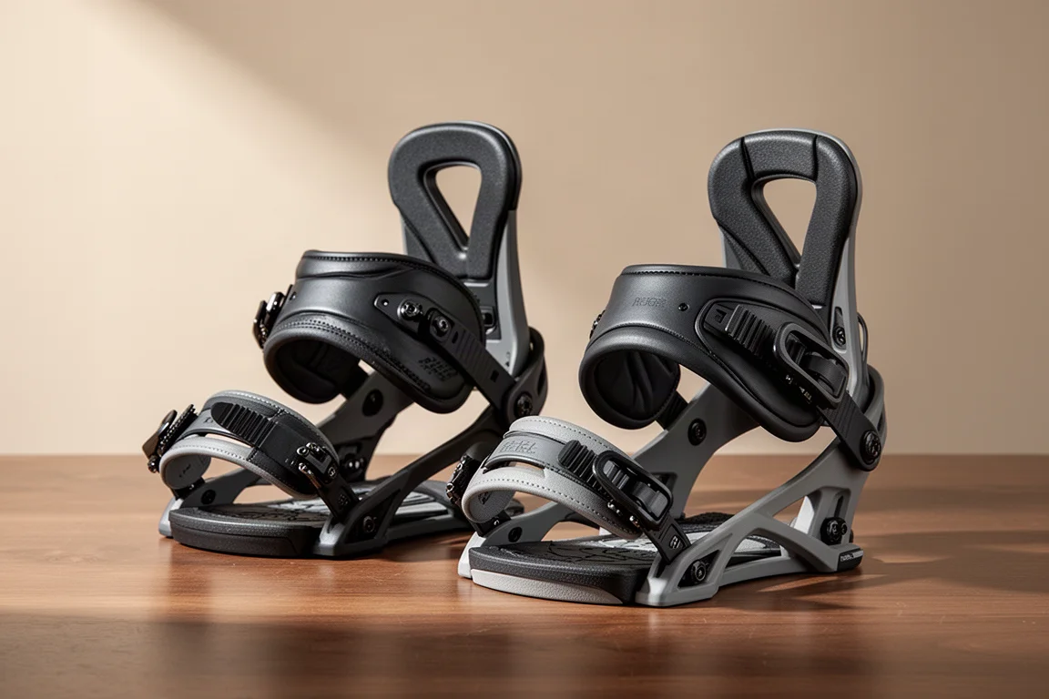 Pair of pin-based splitboard bindings on a brushed wood surface