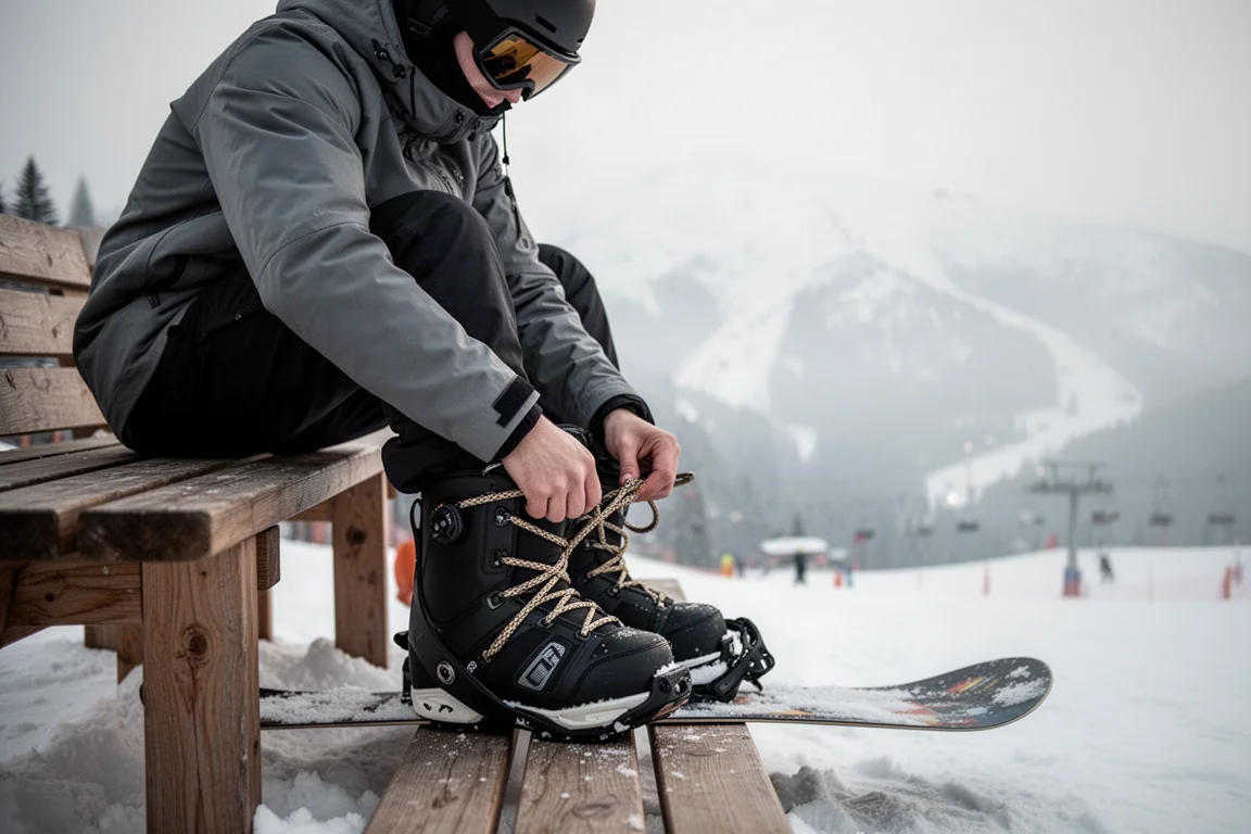 Snowboardeur lacent ses boots sur un banc en montagne enneigée le matin