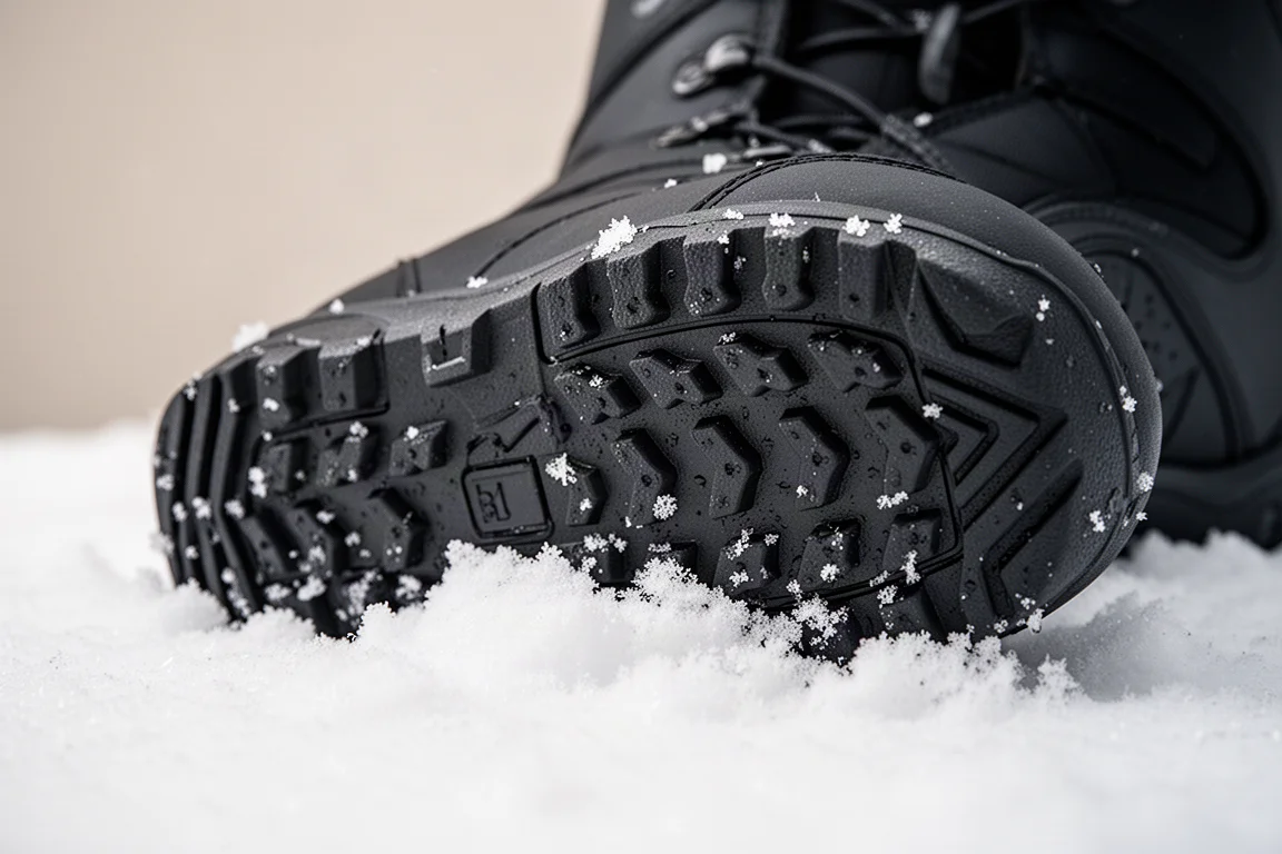 Gros plan sur une semelle de boot en caoutchouc robuste avec crampons profonds sur la neige