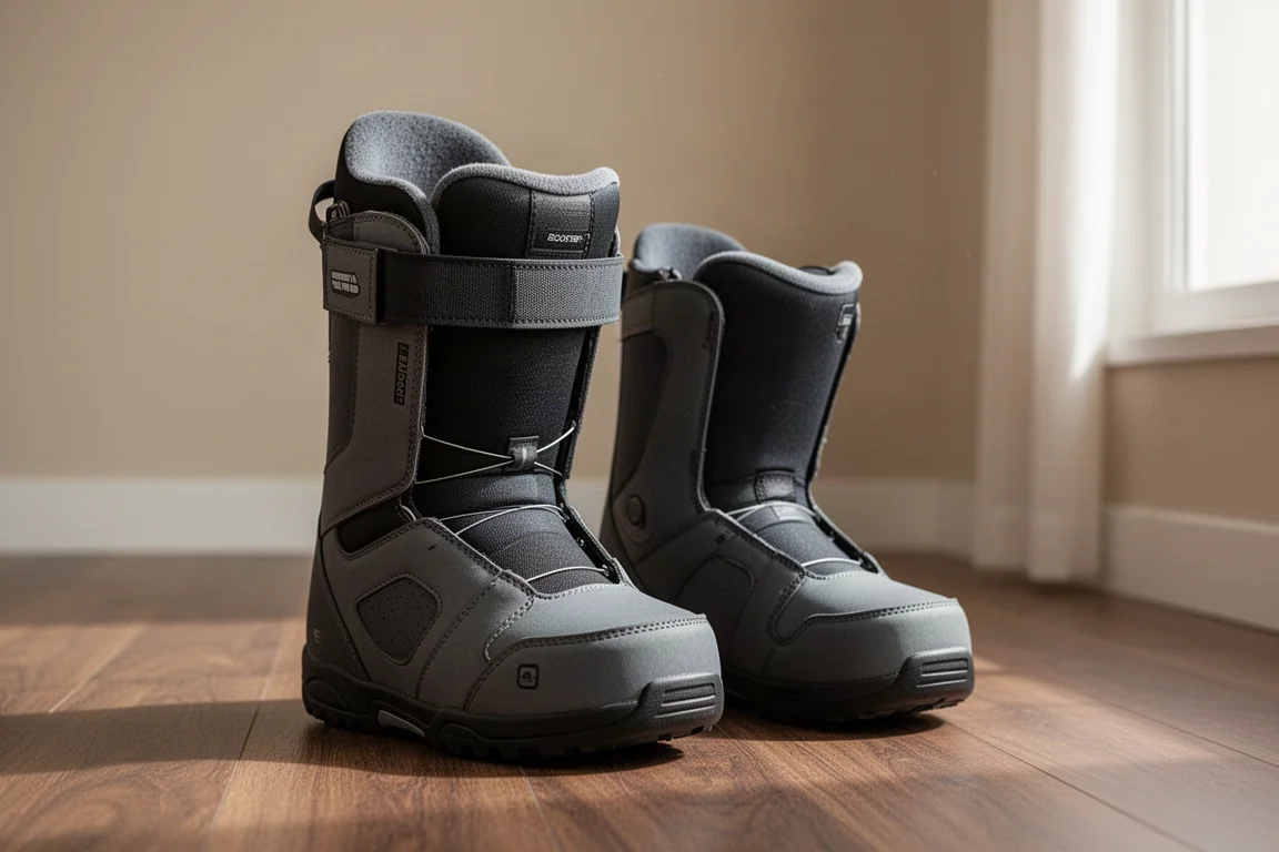 Chausson de boot de snowboard en mousse à mémoire de forme posé sur un plancher en bois