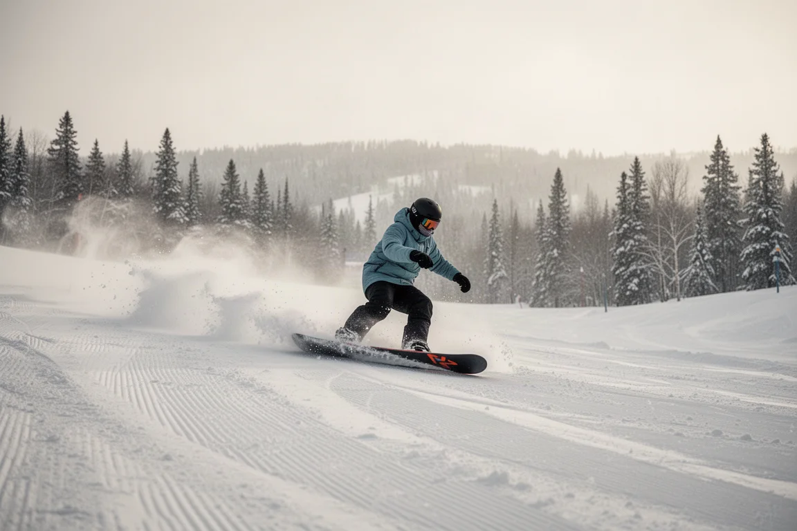Snowboardeur dans la poudreuse avec boots et fixations en pleine charge
