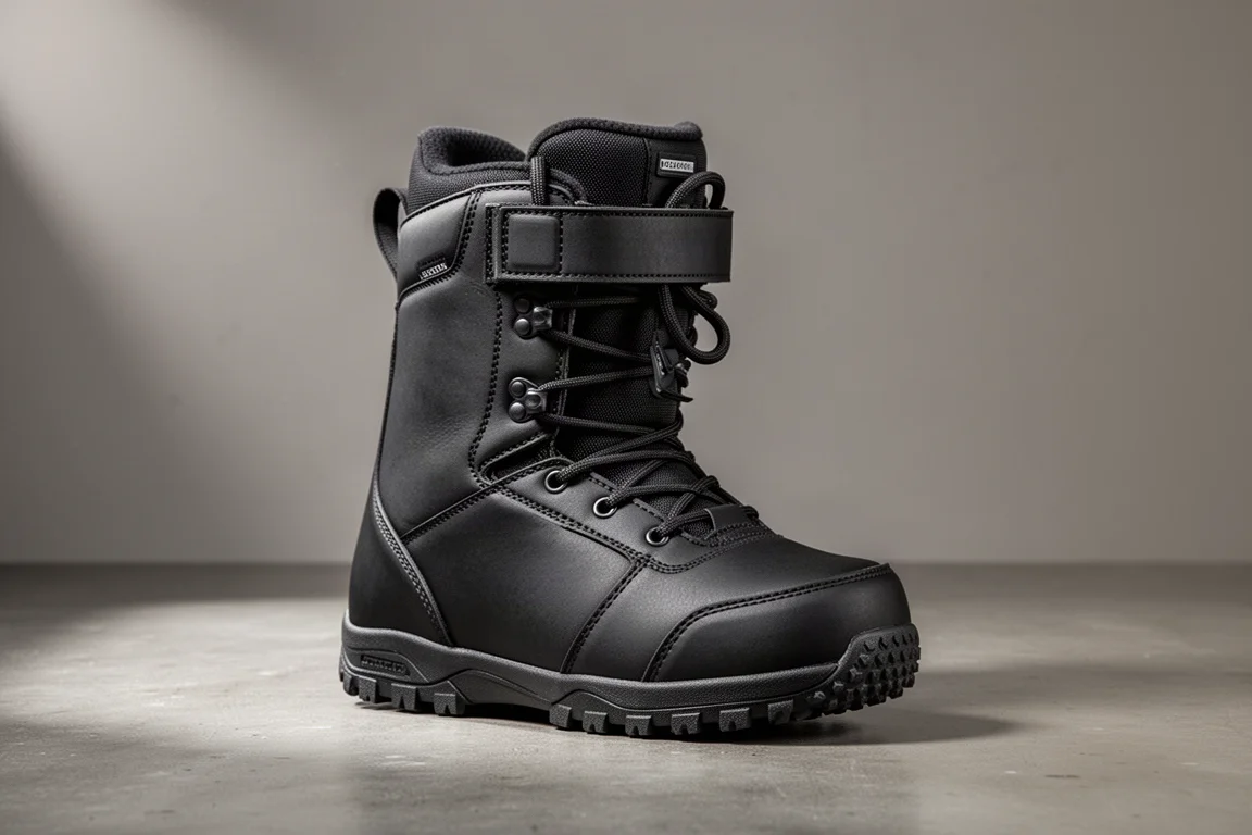 Boot de snowboard Union Factory noire à laçage posée sur une surface en béton
