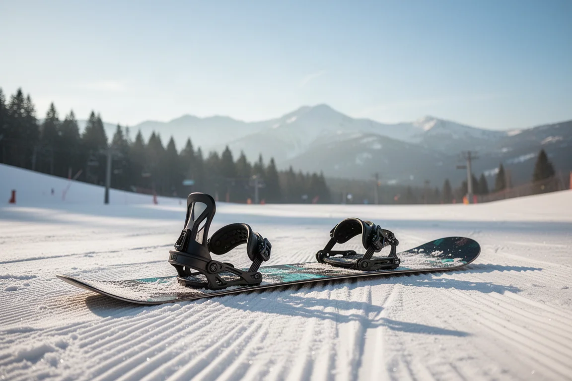 Snowboard appoggiato su neve livellata sotto un cielo azzurro sereno in una località di montagna
