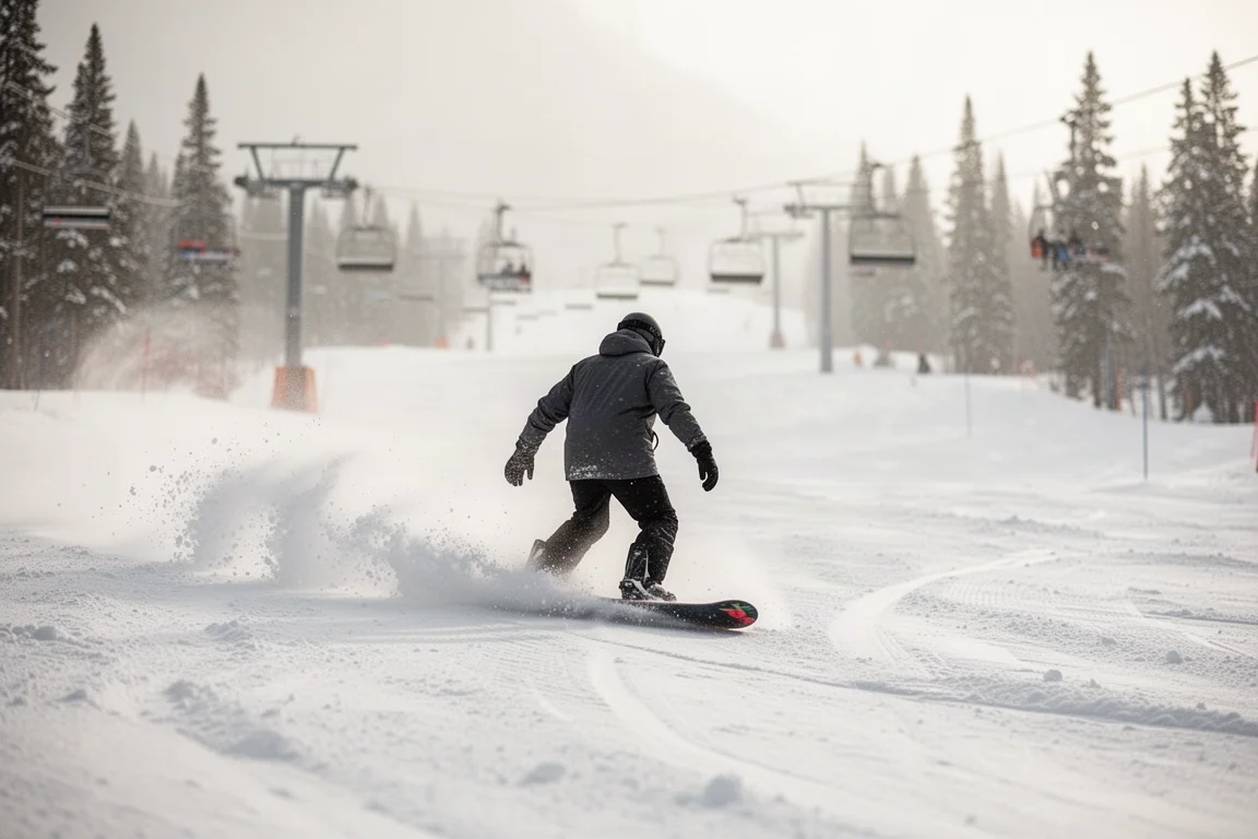 Snowboarder che traccia curve nella neve fonda primaverile su una larga pista battuta