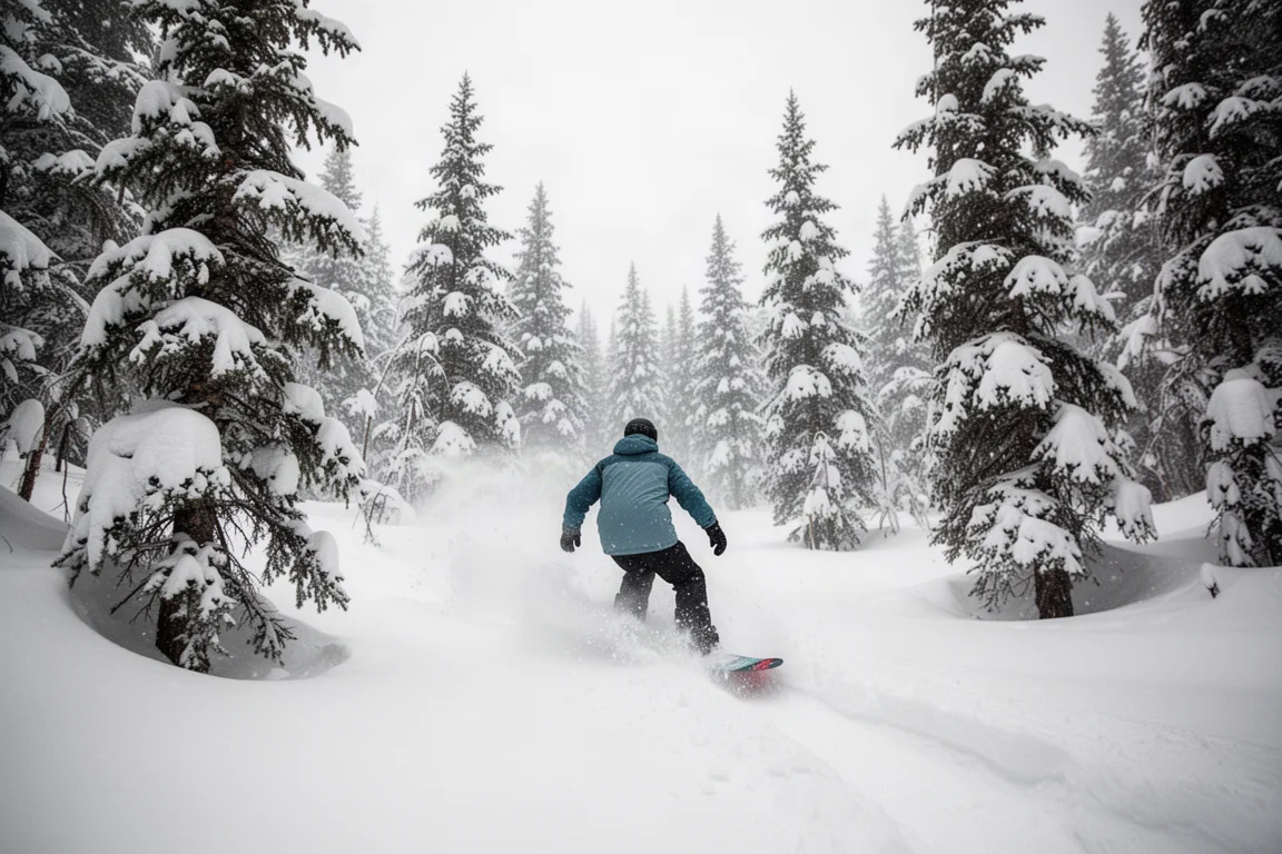 Snowboarder riding through powder in a tree run