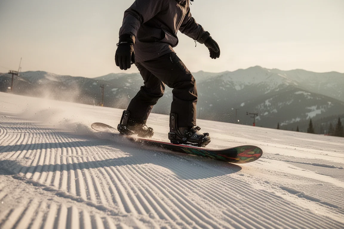Snowboarder buttering on a groomed slope at sunset