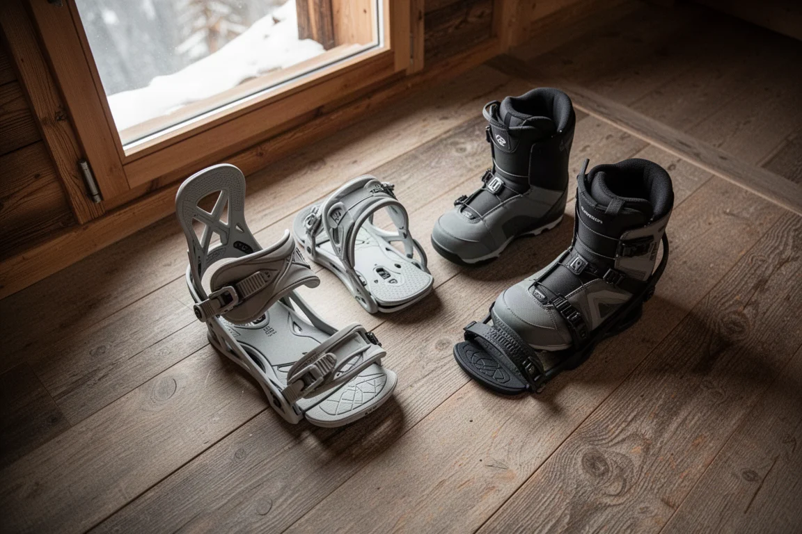 Overhead view of snowboard bindings and boots on a chalet floor
