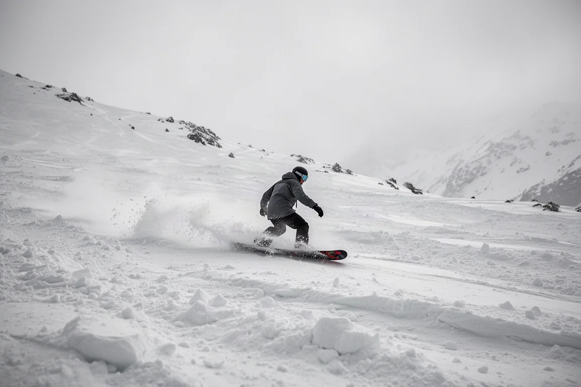 Snowboarder riding through choppy packed snow on a mountain slope