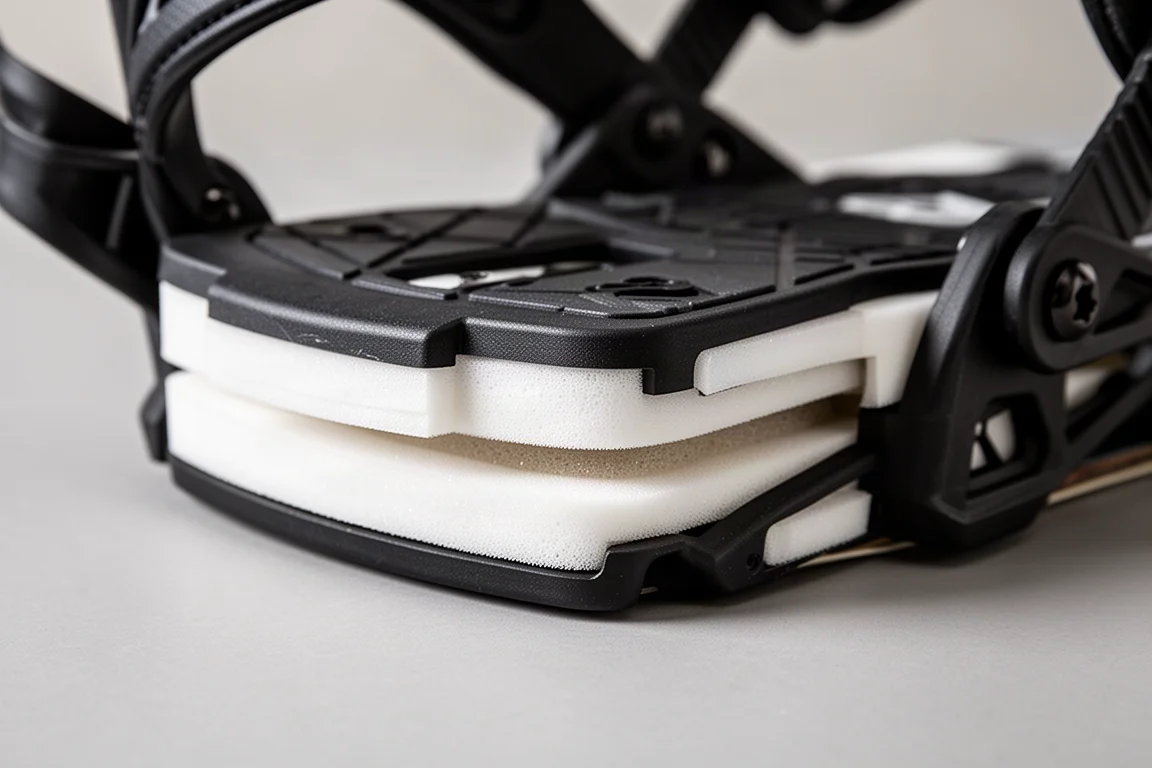 Close-up of a snowboard binding baseplate showing layered dampening materials
